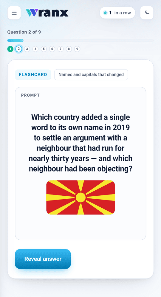 A picture flashcard in the Wranx app, part way through a nine-question daily drill.