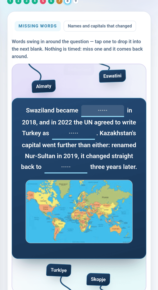 A missing-words drill in the Wranx app, with word tiles waiting to be dropped into the gaps.