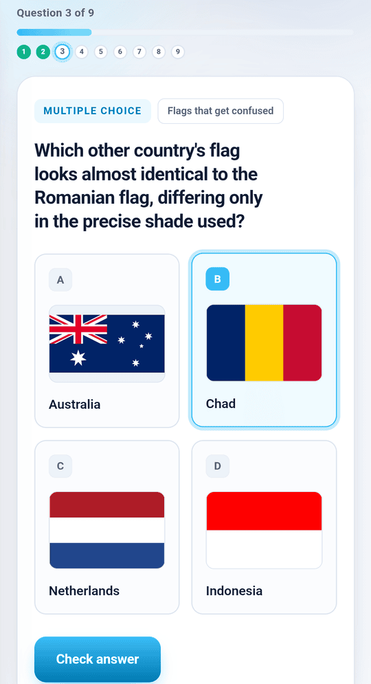 Eine Multiple-Choice-Frage in der Wranx-App: vier Flaggen zur Auswahl, eine ausgewählte Antwort und die Schaltfläche zum Prüfen.