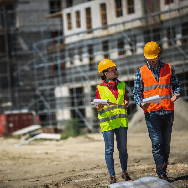 Two construction workers in hard hats and high-visibility jackets reviewing something together on site.