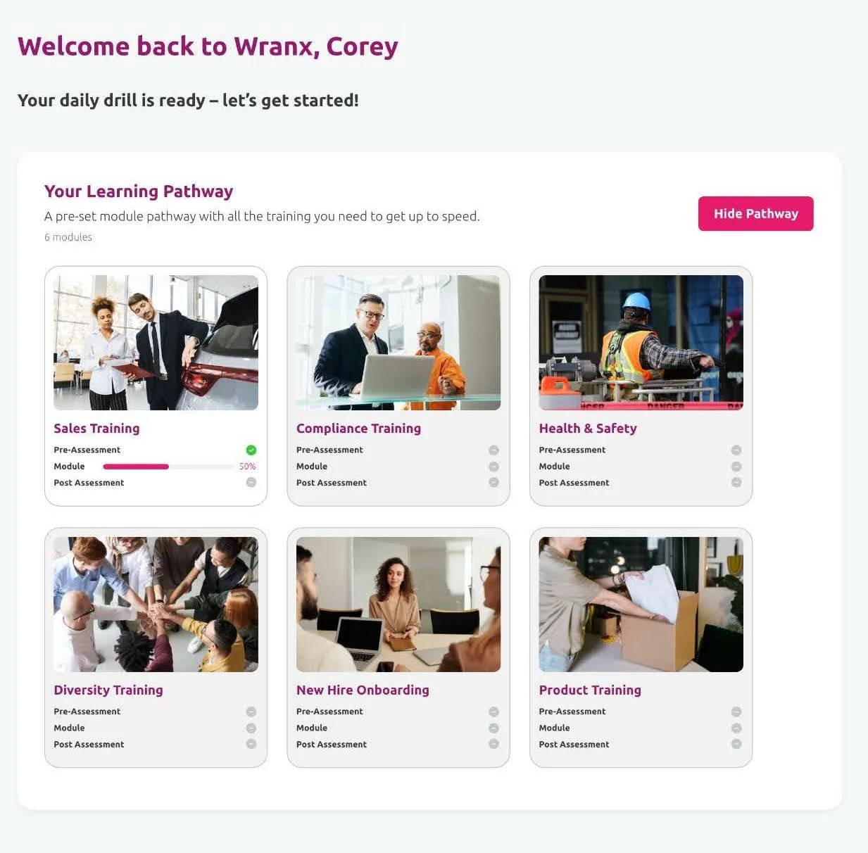A learner progressing through a Wranx learning pathway in the app.